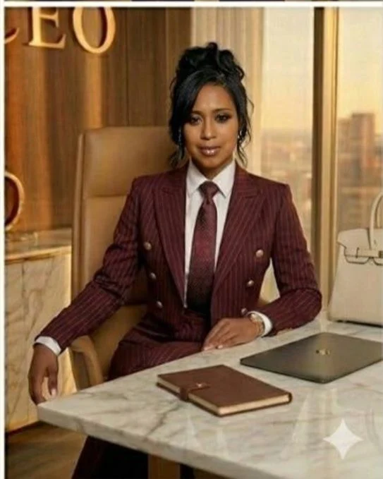 Cherrie Orius seated in a burgundy striped suit