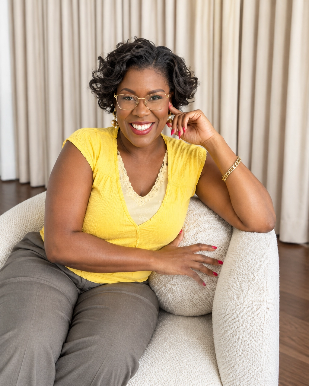 Natacha Pennycooke laughing with one hand raised near her face, wearing gold-rimmed glasses and a bright yellow top in a cream boucle armchair