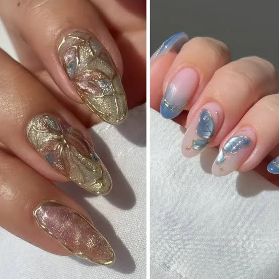 Gold foil abstract nail art beside soft blue butterfly nails, shown as a full-page background