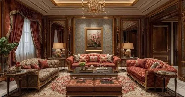 Traditional formal living room with rich wood and warm tones
