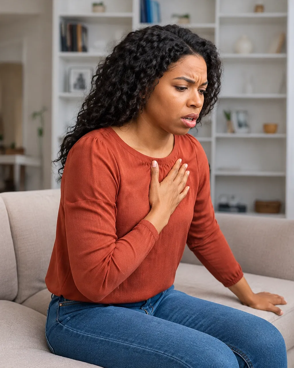 A woman experiencing chest discomfort, an important possible heart attack warning sign