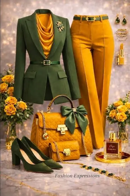 Sage green and mustard yellow coordinated fashion look