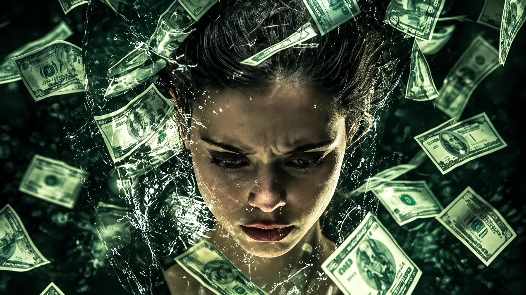 A woman half-submerged underwater, surrounded by floating dollar bills, her face set with tense determination as money drifts around her